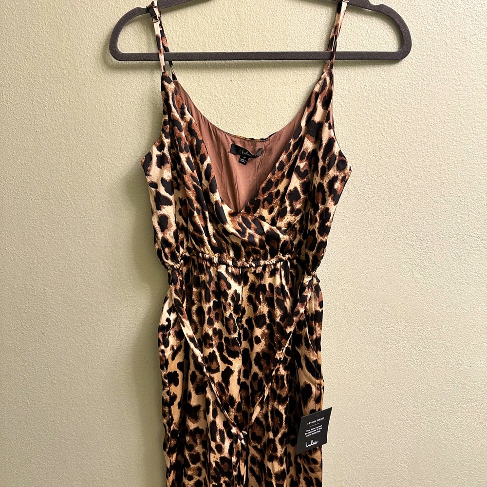 Lulu's Brown and Tan Leopard Print Jumpsuit with V-Neckline size medium